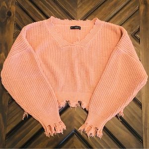 Oversized Distressed Cropped Sweater - OS (Like Large)